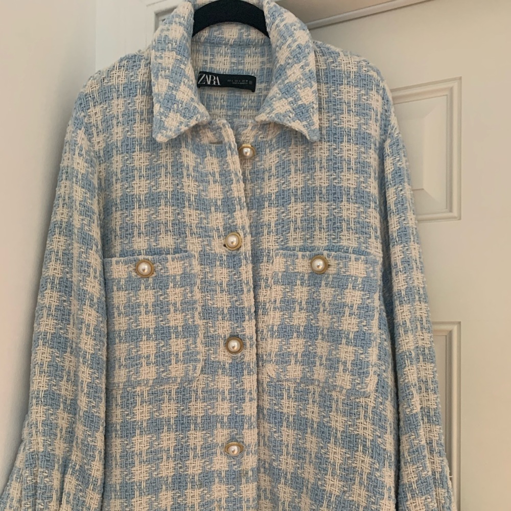 ZARA  WOMAN HOUNDSTOOTH TEXTURED OVERSHIRT ECRU BLUE.  LARGE